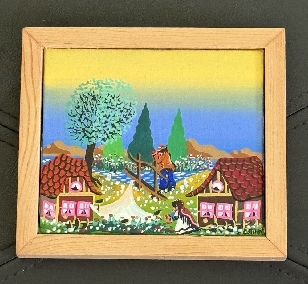 Signed Original Folk Art Landscape Painting in Frame-Village Scene